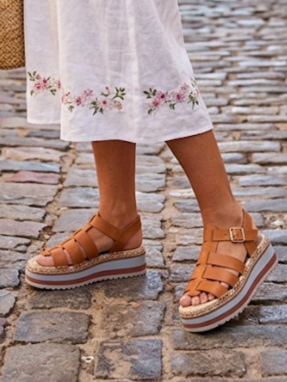 Anthropologie Cognac Leather Platform Sandals with Braided Trim